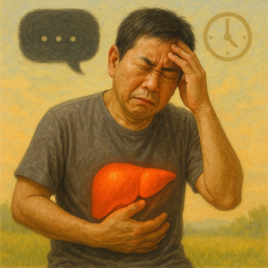 피로감에 지친 표정으로 간 부위를 짚고 있는 50대 한국 남성의 이미지. 침묵의 장기인 간에서 보내는 피로의 신호를 시각적으로 표현