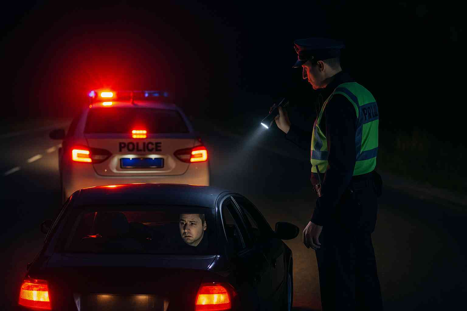 "밤에 경찰이 손전등을 들고 차량을 단속하는 장면, 운전자는 긴장한 표정"