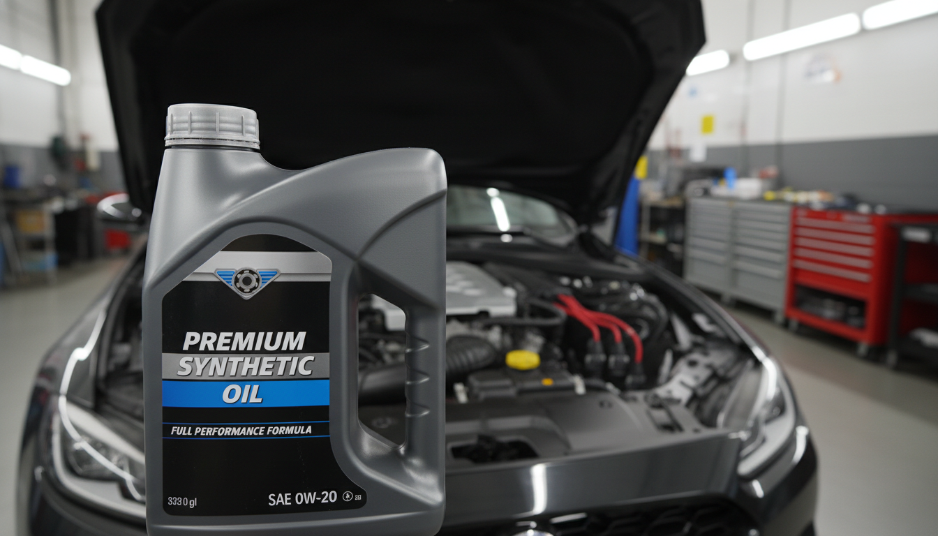 온라인으로 직접 구매한 프리미엄 합성 엔진오일과 차량 보닛 내부