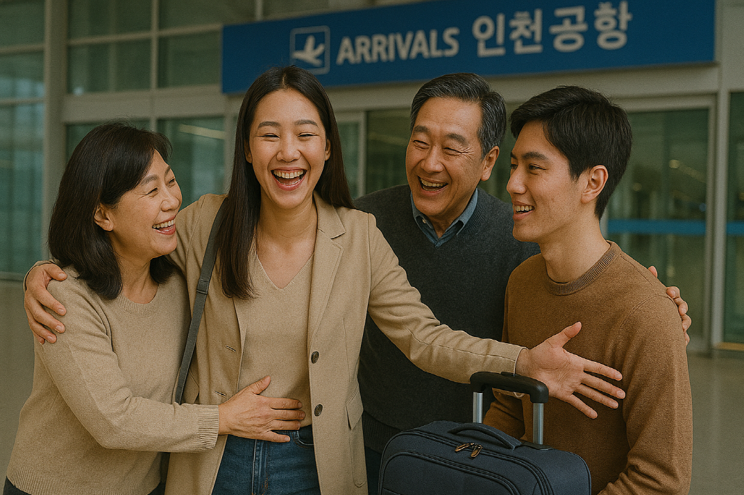 해외 유학의 목표를 이루고 공항으로 귀국하는 유학생과 가족의 반가워하는 모습