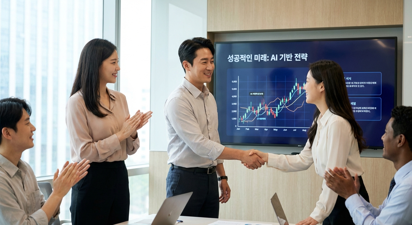 나노 바나나 프로로 제작한 고퀄리티 프레젠테이션 자료를 통해 성공적으로 발표를 마치고 동료들과 기뻐하는 직장인의 모습