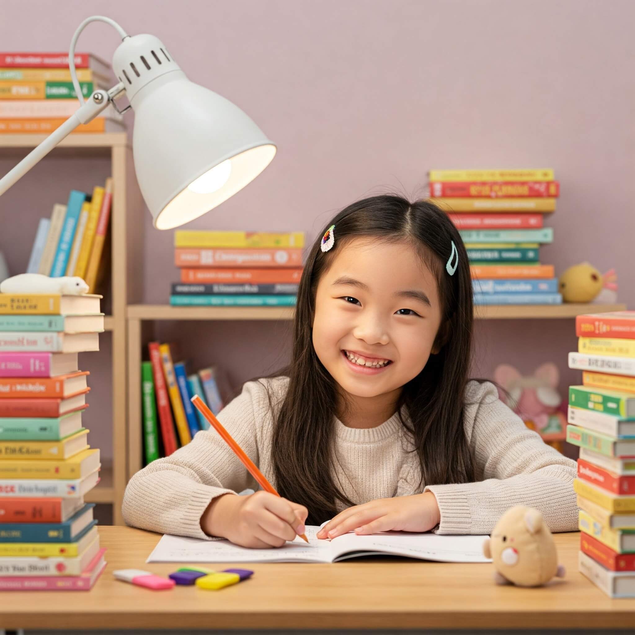 책상 앞에 앉아 독후감을 쓰는 아이