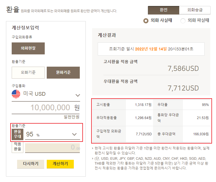 환전우대율 90% vs 95% 비교
