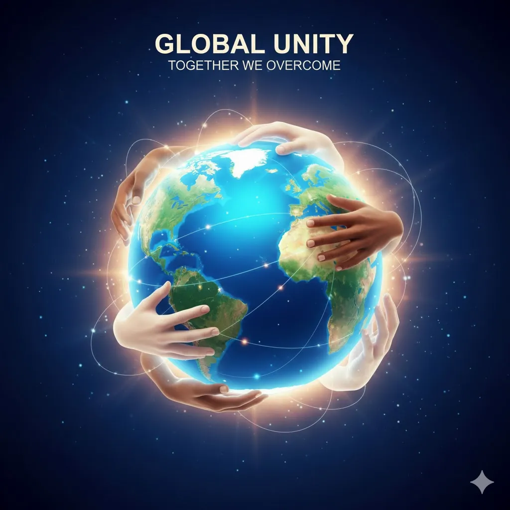 지구본을 중앙에 배치하고, 다양한 인종과 국적의 손들이 지구본을 감싸 안거나 연결되는 모습을 그려주세요. 각각의 손은 서로 다른 색깔을 가질 수 있으며, 이는 다양성과 협력을 의미합니다. 배경은 희망을 상징하는 밝은 빛을 발하고, 단결과 공동의 노력으로 고난을 이겨내는 긍정적인 메시지를 전달합니다.