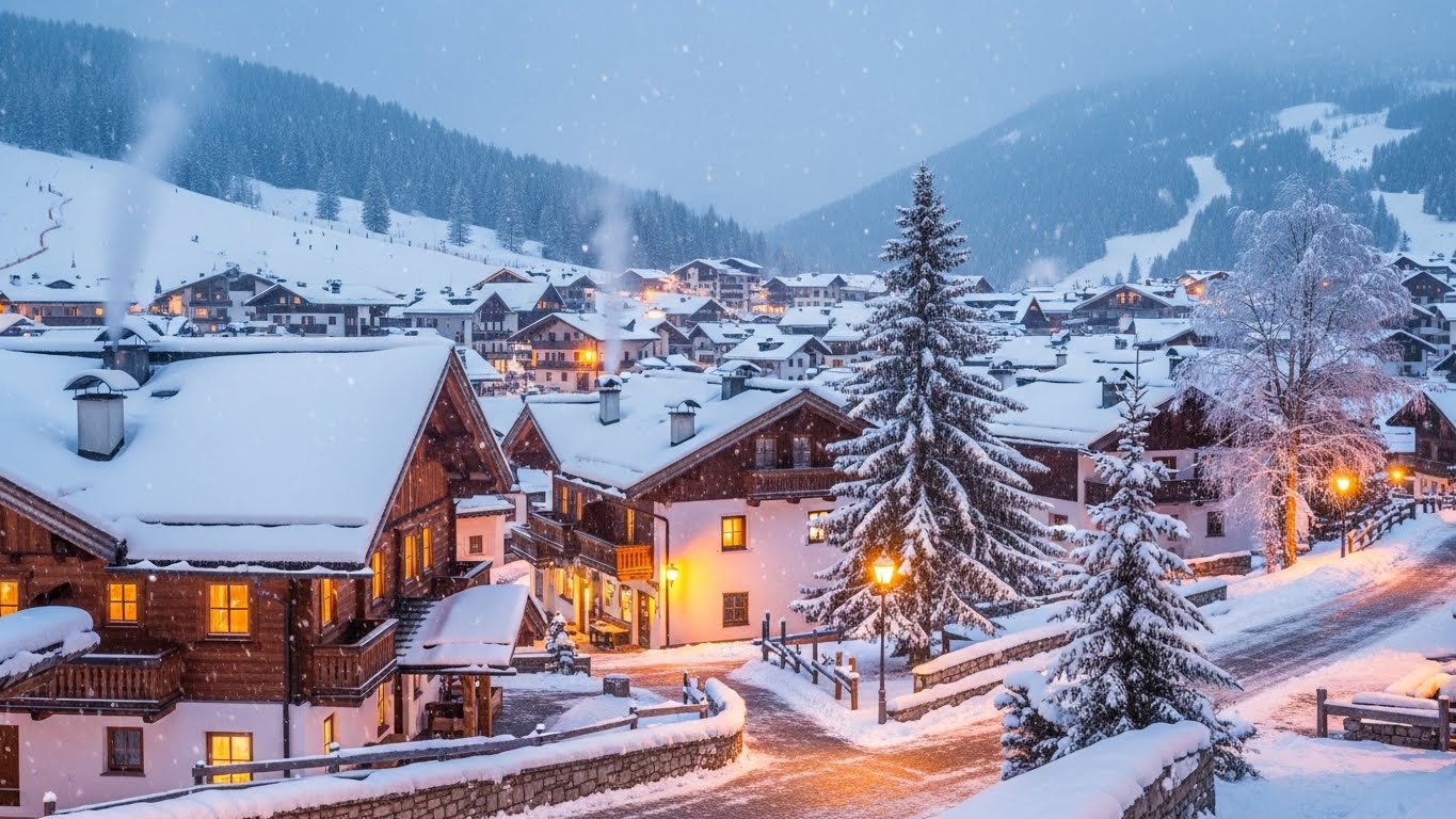 눈 덮인 돌로미테 산맥에 자리한 아늑한 산악 마을, 전통 샬레와 따뜻한 불빛이 매력적인 올림픽 기간의 숙소를 상징합니다.