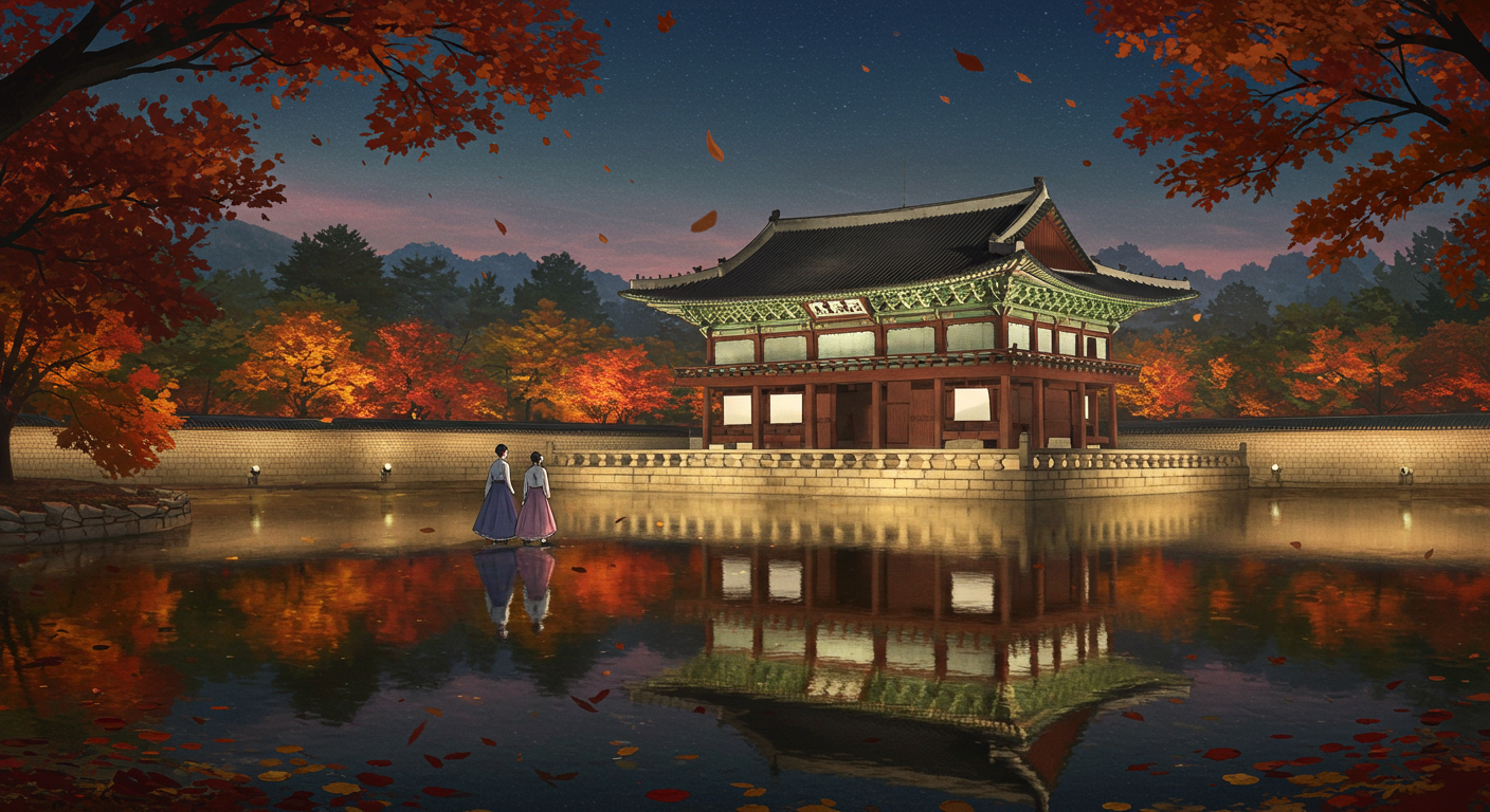 가을밤 불빛이 비치는 경복궁을 거니는 한복 차림의 관람객들