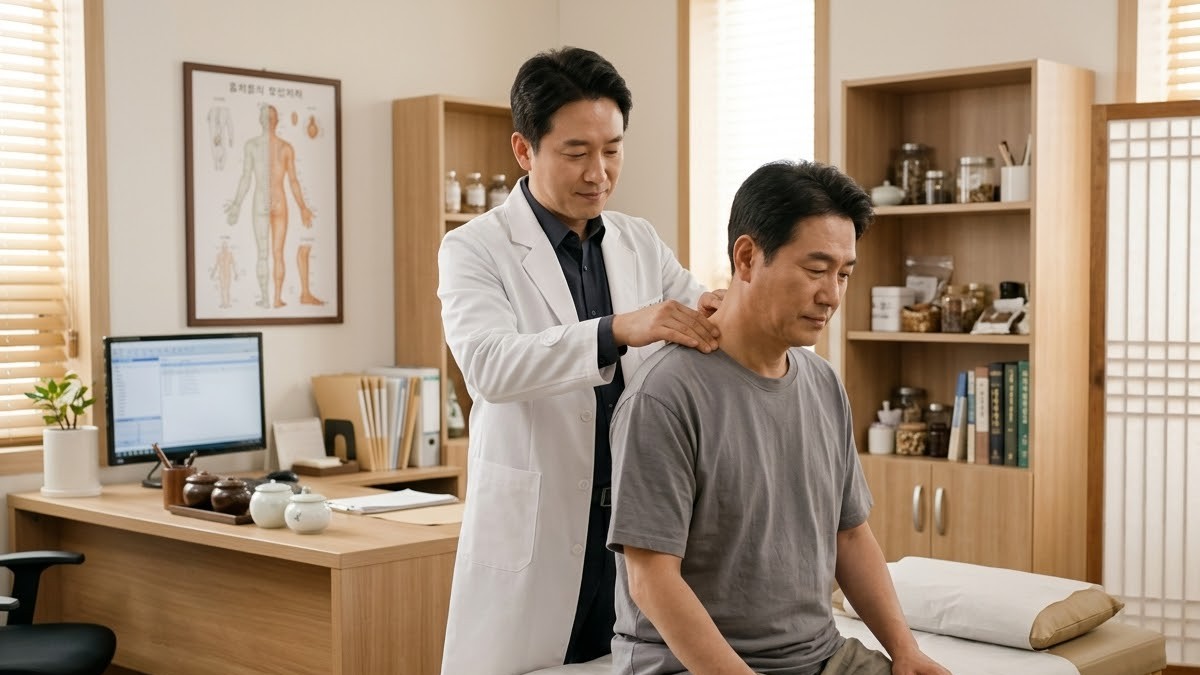 한의원 진료실에서 한의사가 환자의 목과 어깨를 살피는 모습