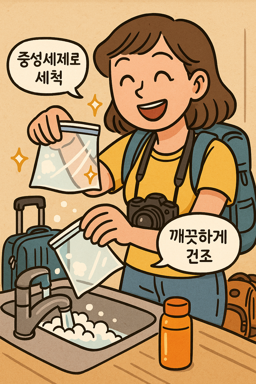 지퍼백을 재활용하기 위해 세척하는 과정을 보여주는 만화형 일러스트: 첫 컷에서는 사용 후 더러워진 지퍼백을 보여주고, 두 번째 컷에서는 따뜻한 물과 식초를 섞은 세척 용액에 지퍼백을 담그는 장면, 세 번째 컷에서는 부드러운 솔로 내부를 닦아내는 모습, 마지막 컷에서는 깨끗하게 말린 지퍼백을 위생적으로 보관하는 장면을 담고 있음
