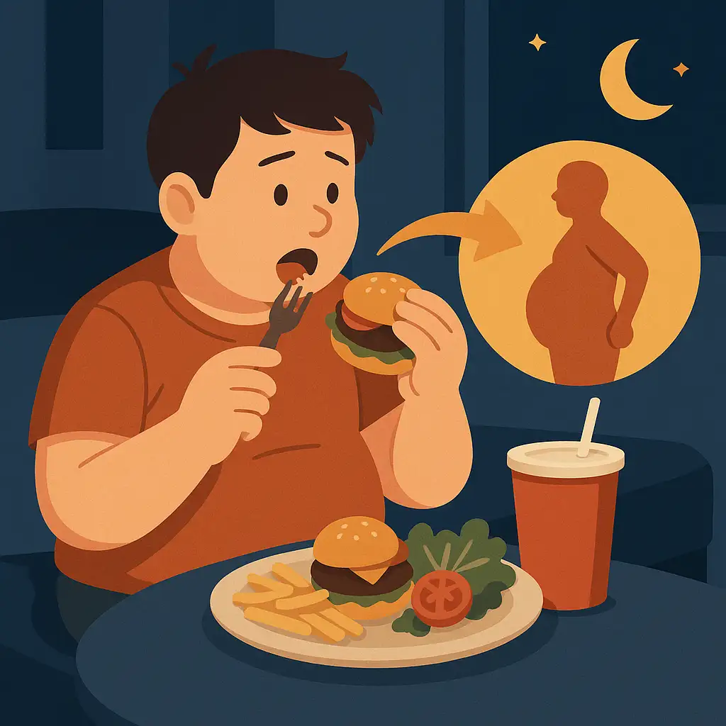 늦은-밤-햄버거와-감자튀김을-먹으며-체중-증가를-걱정하는-사람의-모습을-통해-야식이-살을-찌우는-이유를-상징적으로-표현한-이미지