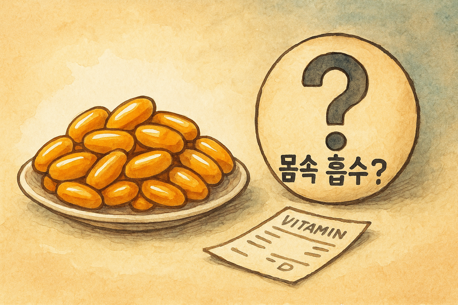 한쪽엔 비타민 알약 더미, 다른 쪽엔 ‘몸속 흡수는 ?’라고 써진 물음표