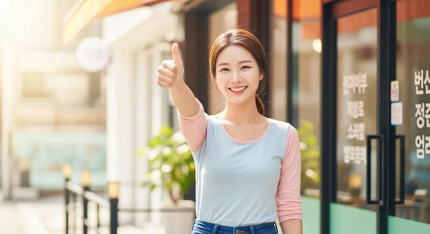 소비쿠폰을 활용하고 엄지를 들고 있는 젊은 여성