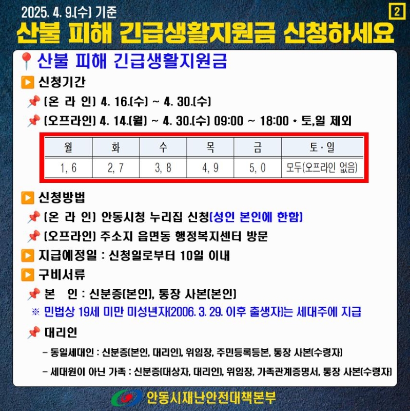 안동 산불 피해 긴급생활지원금 신청 한눈에 (안동시청 누리집)