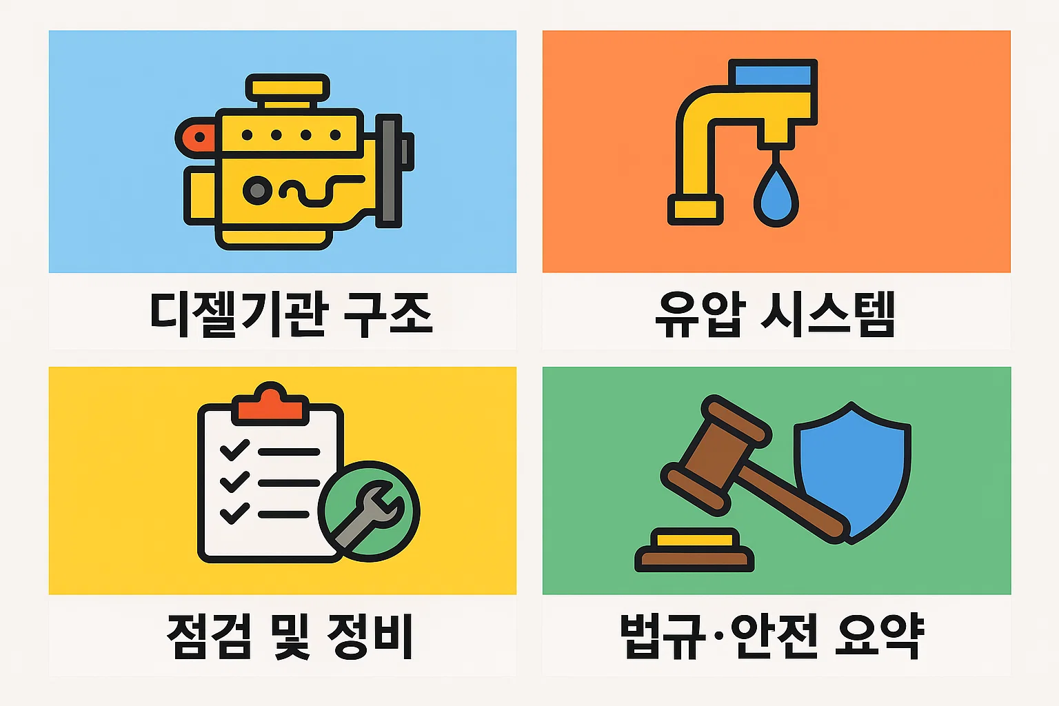 디젤기관 구조, 유압 시스템, 점검&middot;정비, 법규&middot;안전 등 자주 출제되는 핵심 파트를 집중적으로 학습할 수 있도록 구성한 기출 공략 인포그래픽입니다.