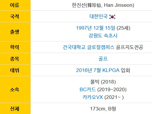 한진선 프로 프로필 나이 키 경력