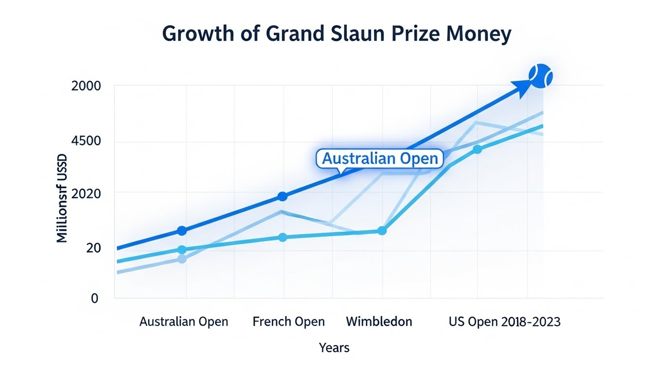 최근 몇 년간 주요 테니스 대회 상금 증가 추세를 보여주는 그래프, 호주 오픈이 강조됨.