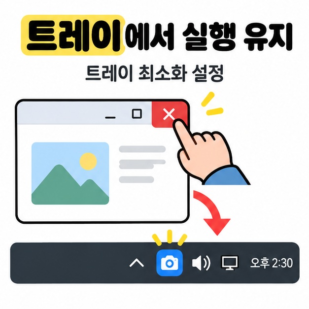 트레이에서 실행 유지와 트레이 최소화 설정 문구 아래 창의 X 버튼을 누른 뒤 알림 영역에 캡처 아이콘이 남는 모습