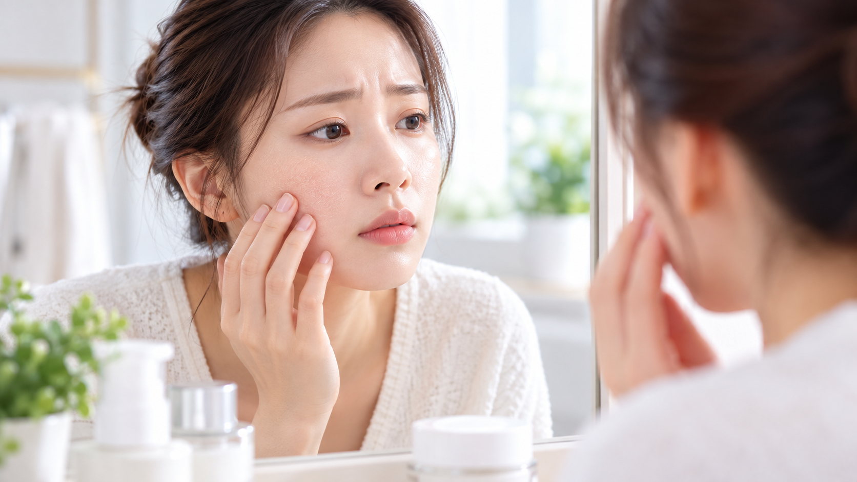밝은 욕실에서 거울을 보며 손으로 볼을 만지고 피부 상태를 확인하는 여성