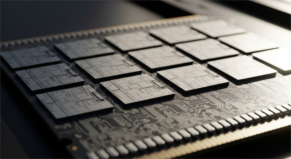 고성능 메모리 칩의 정밀한 회로 구조를 클로즈업한 모습