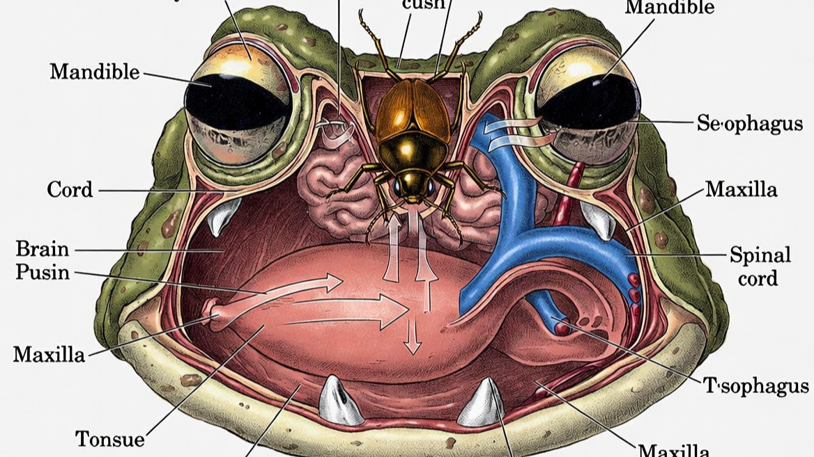 두꺼비가 먹이를 삼킬 때 안구를 사용하는 독특한 생리 구조 도해