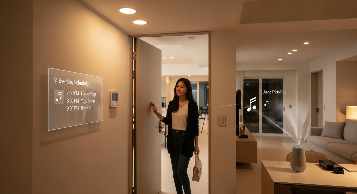 스마트홈에서 가족 귀가 시간에 맞춰 불을 키고, 음악을 틀어주는 가상 비서