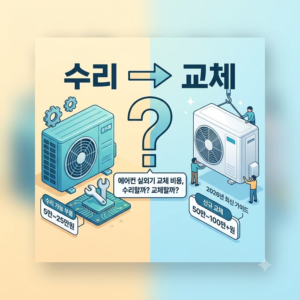 에어컨 실외기 고장 시 수리와 교체 비교 분석. 수리 비용(5만~25만 원)과 신규 교체 비용(50만~100만 원 이상)을 비교하고 상황별 선택 가이드를 제시하는 2026년 최신 정보.