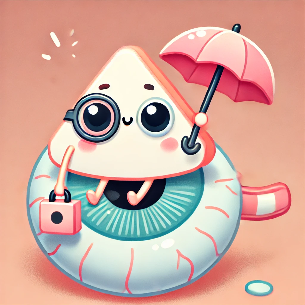 안구 위에 익상편 캐릭터가 앉아 웃고 있는 일러스트