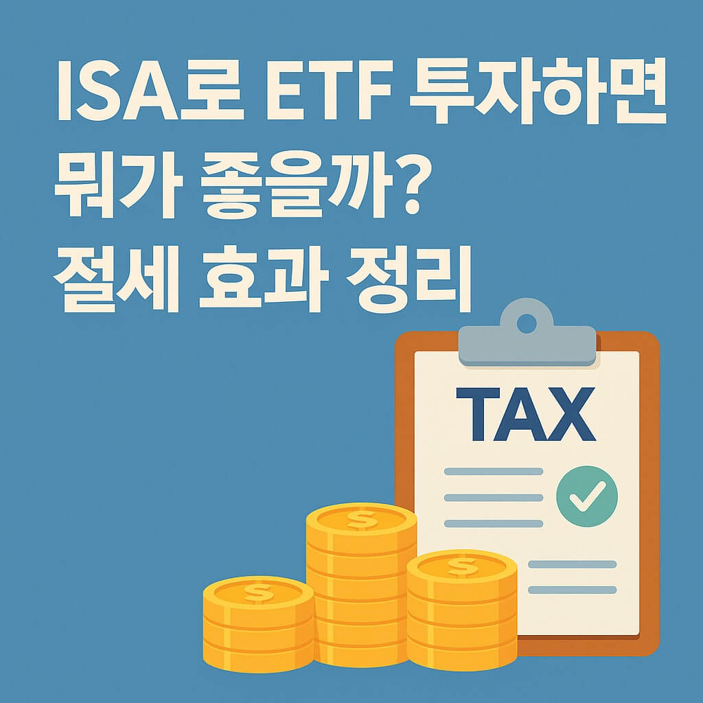 ISA로 ETF 투자 시 절세 효과를 설명하는 블로그 썸네일 - 세금 절약과 투자 이점을 상징하는 금화와 세금 문서 일러스트
