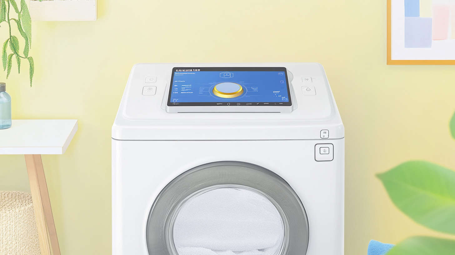 최신 AI 기능과 스마트 앱 호환성이 있는 삼성 세탁기가 미니멀리스트 세탁실에 위치한 설정입니다. 직관적인 컨트롤 패널을 부드러운 주변 조명과 현대적인 스타일로 나타낸 고해상도 이미지입니다.