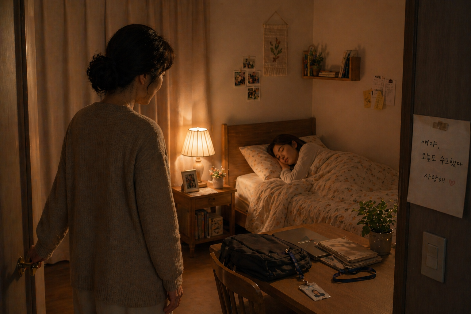 커튼이 닫힌 밤의 방에서 잠든 딸을 바라보며 조명을 켜두고 나가는 엄마의 뒷모습