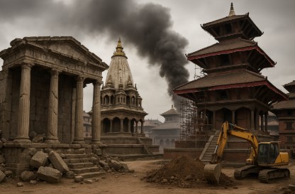 고대 유적과 스투파가 훼손된 채 복원 중이고, 검은 연기와 굴착기가 함께 있는 문화유산 훼손과 복원의 현장