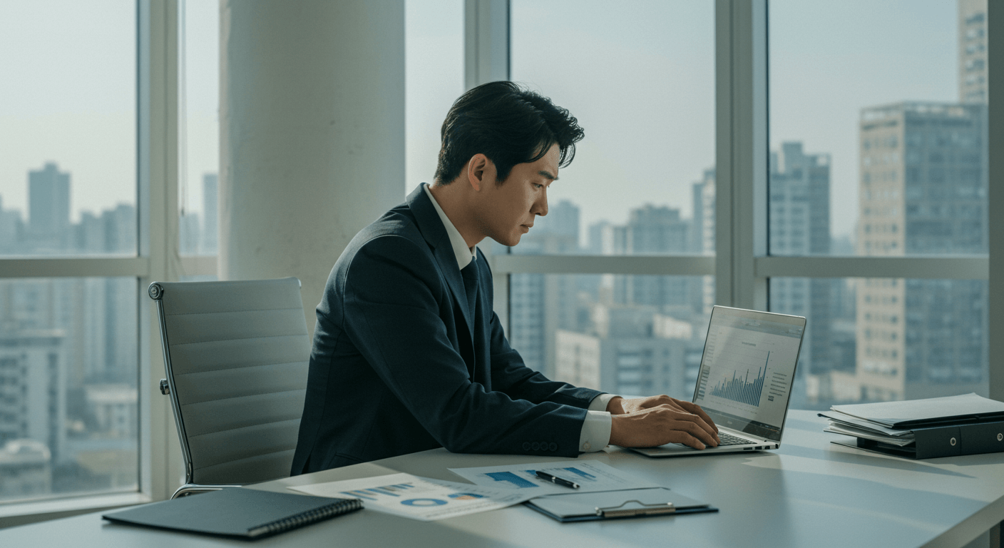 한국인이 사무실에서 다이아 투자 전망 보고서를 검토하는 장면 3