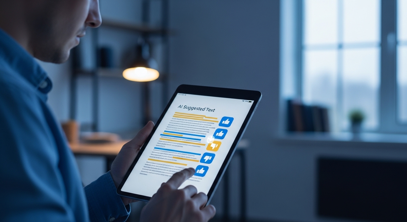 AI가 제안한 글 수정 내용을 신중하게 검토하며 수락 또는 거절하는 사람의 모습, 글쓰기 주체성을 강조.