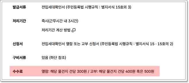 전입세대확인서 수수료와 처리시간