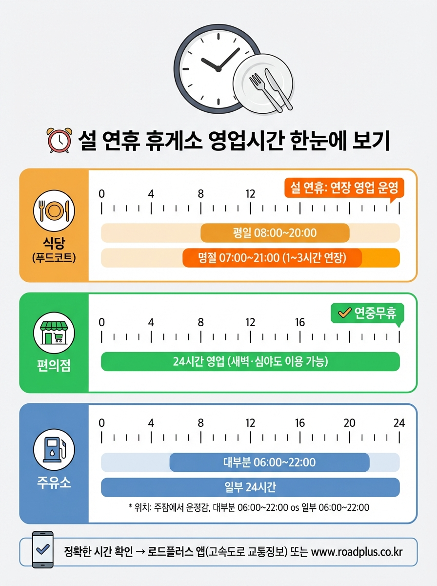 alt="2026 설 연휴 휴게소 영업시간 한눈에 보기 인포그래픽 - 식당(푸드코트)은 평일 오전 8시부터 오후 8시, 명절 오전 7시부터 오후 9시로 1~3시간 연장 운영 / 편의점은 24시간 영업으로 새벽 심야에도 이용 가능하며 연중무휴 / 주유소는 대부분 오전 6시부터 오후 10시, 일부는 24시간 운영 / 정확한 시간 확인은 로드플러스 앱(고속도로 교통정보) 또는 www.roadplus.co.kr"