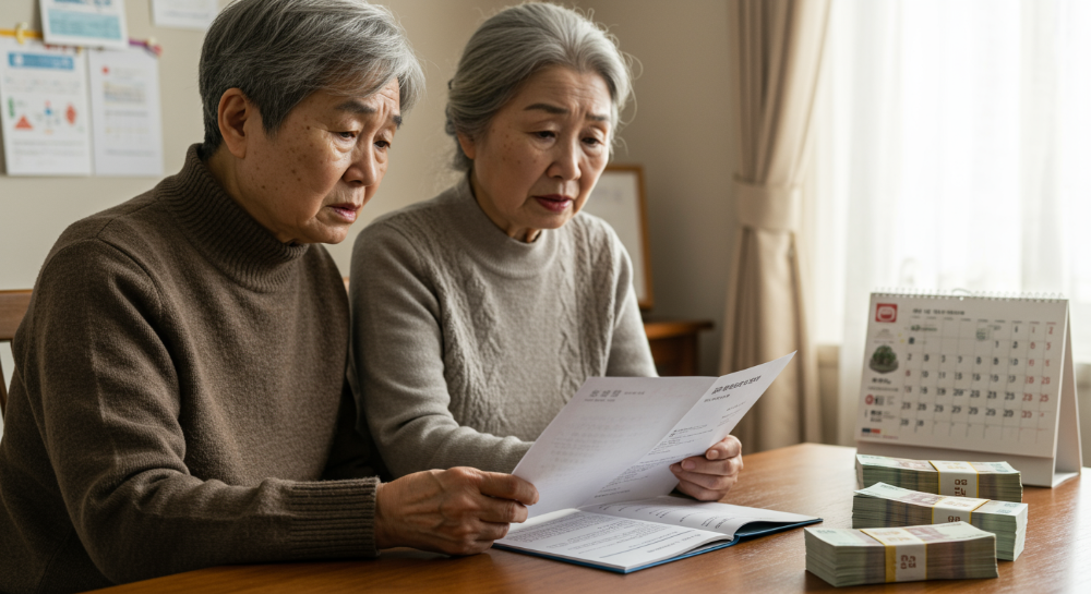 건강보험 피부양자 등록 실패로 인해 고민하는 노부부가 서류를 들여다보는 모습