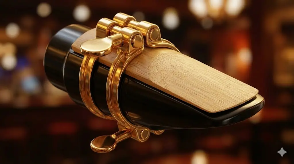 검은색 에보나이트 색소폰 마우스피스에 금장 메탈 리가춰가 결합되어 리드를 고정하고 있는 정밀 클로즈업 사진