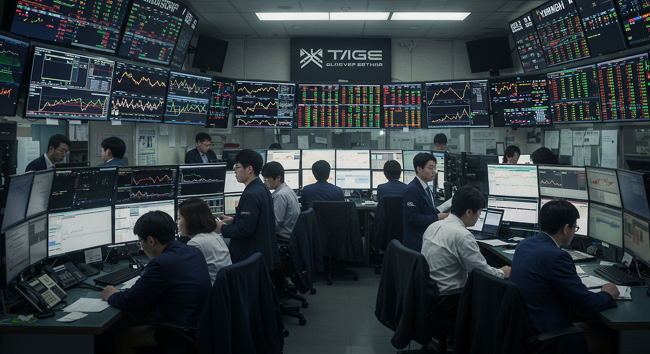 여러 화면에 급등하는 그래프를 보고 있는 흥분한 트레이더들이 있는 한국 사무실