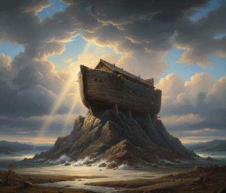 거대한 홍수 속에서 살아남은 방주와 산봉우리 일러스트