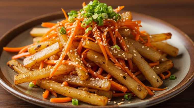 노릇하고 아삭해 보이는 감자채 볶음이 예쁜 접시에 소복하게 담겨있다