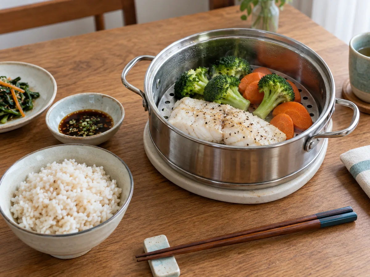 찜기에 익힌 생선과 채소, 밥과 별도로 담은 소스가 놓인 한국 가정의 식탁