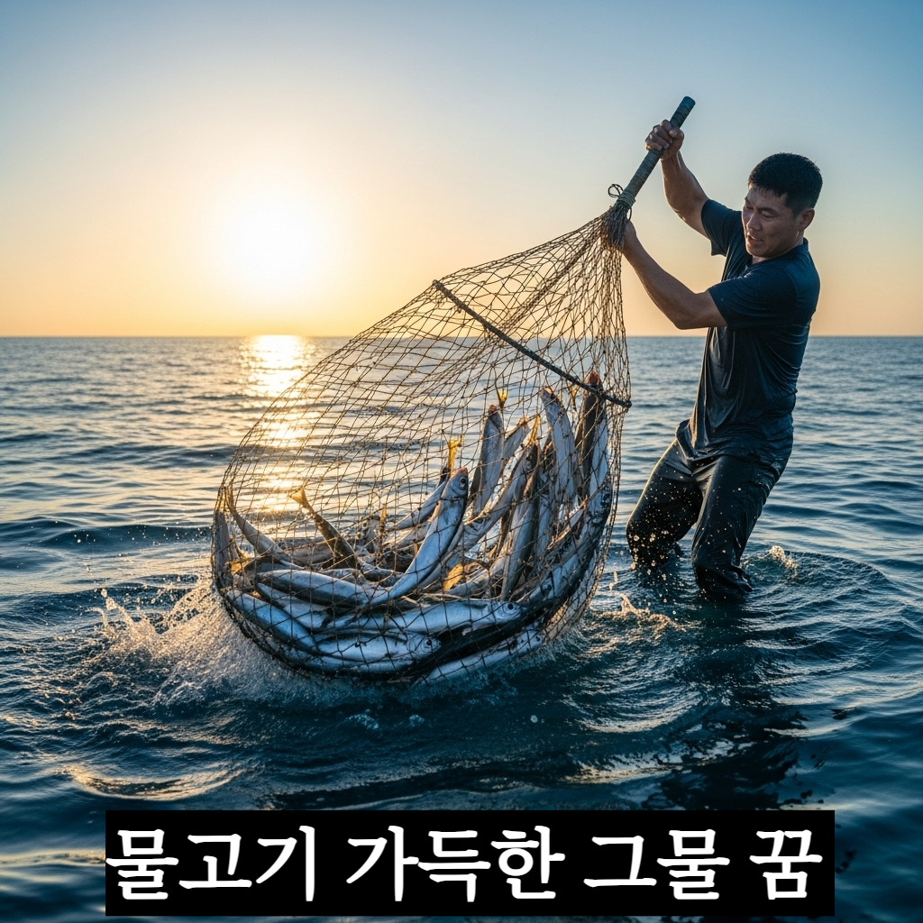 따스한 햇살이 비치는 푸른 바다 위에서 싱싱하고 은빛으로 빛나는 물고기가 가득 담긴 그물을 힘차게 끌어올리고 있는 현대적인 한국인 어부의 모습