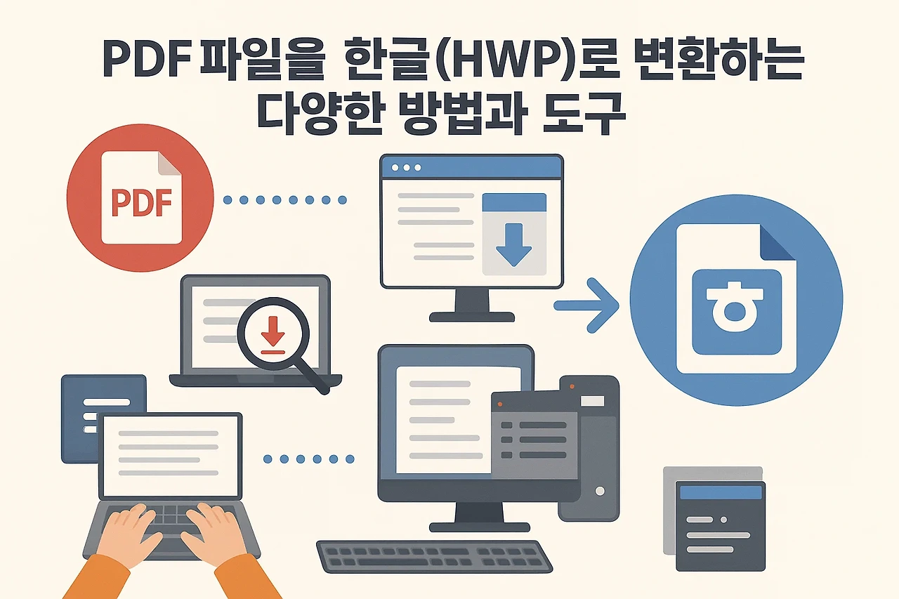 PDF 파일을 한글(HWP)로 변환하는 다양한 방법과 도구를 설명하는 그래픽 이미지