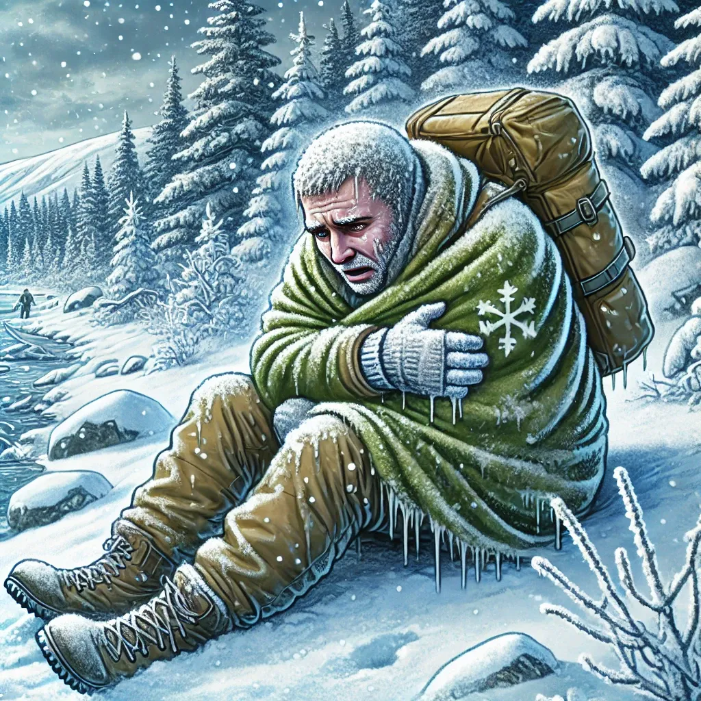 겨울 산행 중 저체온증으로 고통받는 등산객