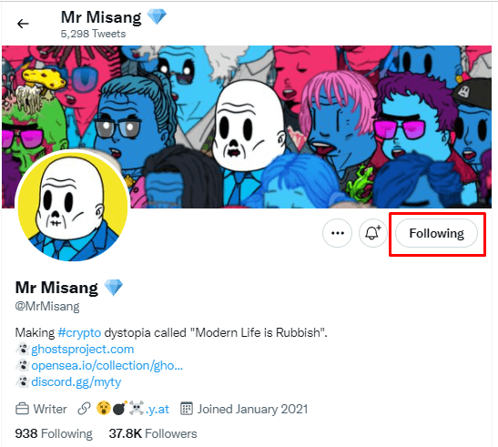 미상 작가 트위터 팔로우 버튼에 강조표시