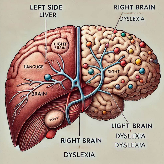 이미지는 인간의 뇌를 단면으로 잘라서 우뇌와 좌뇌의 구조를 보여주는 그림입니다. 좌뇌에는 언어 처리와 관련된 영역이 강조되어 있으며, 우뇌에는 공간 지각과 관련된 영역이 강조되어 있습니다. 두 반구 사이의 연결이 명확히 표시되어 있으며, 난독증이 발생할 수 있는 영역이 색깔로 표시되어 있습니다.