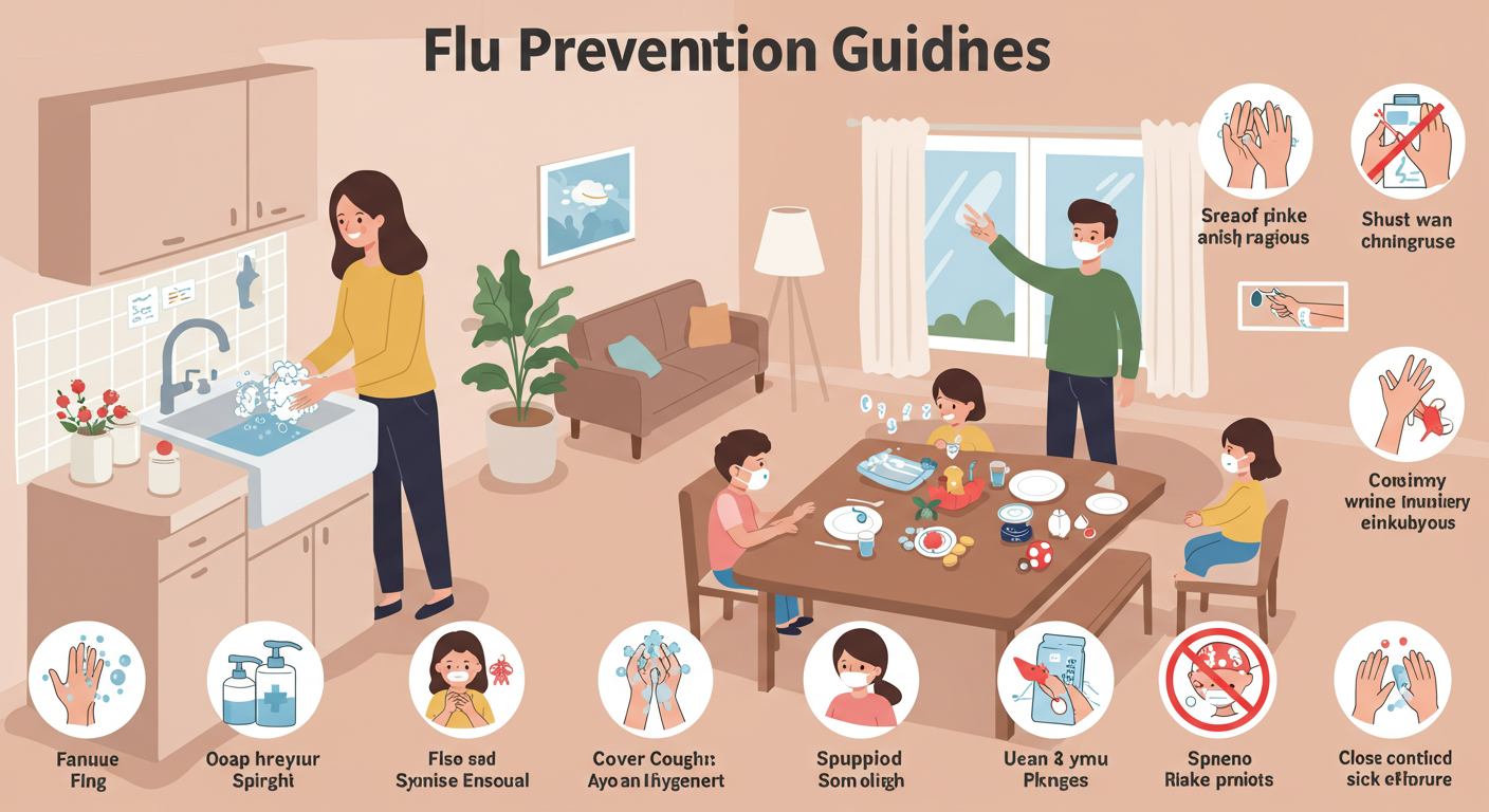 &ldquo;가정 내 독감 예방 수칙을 설명하는 일러스트 &ndash; 손 씻기, 환기, 따로 식기 사용 등&rdquo;