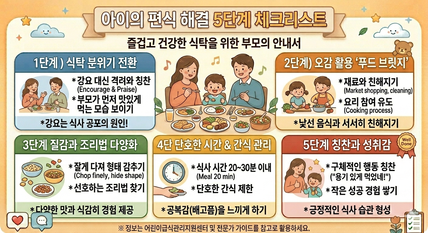 편식 해결 5단계 체크리스트 인포그래픽