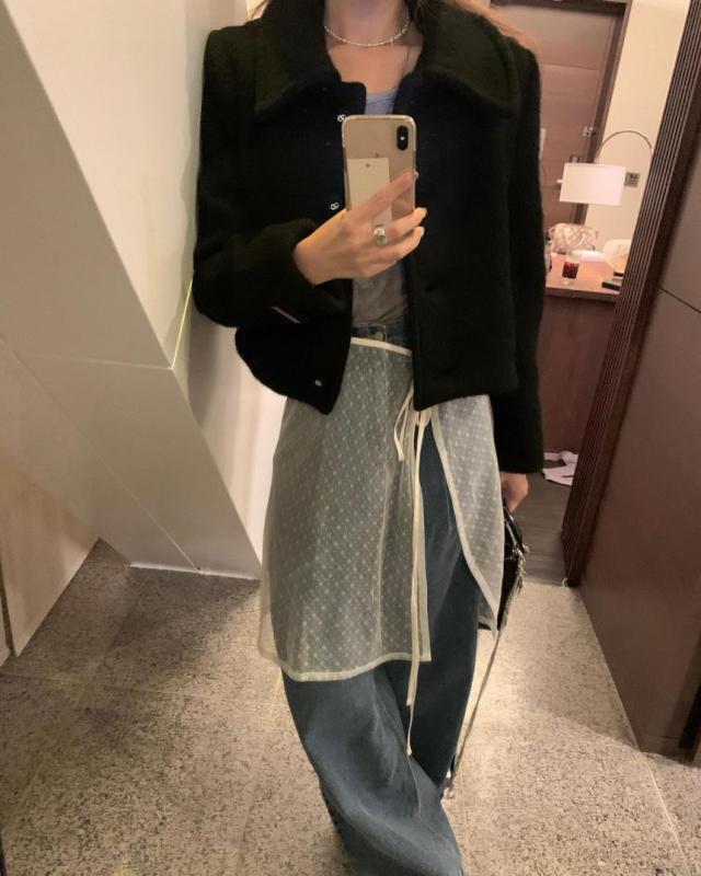 (당일) 포스터 레이어드 스커트 (시스루 미디 랩 레이어 스커트)