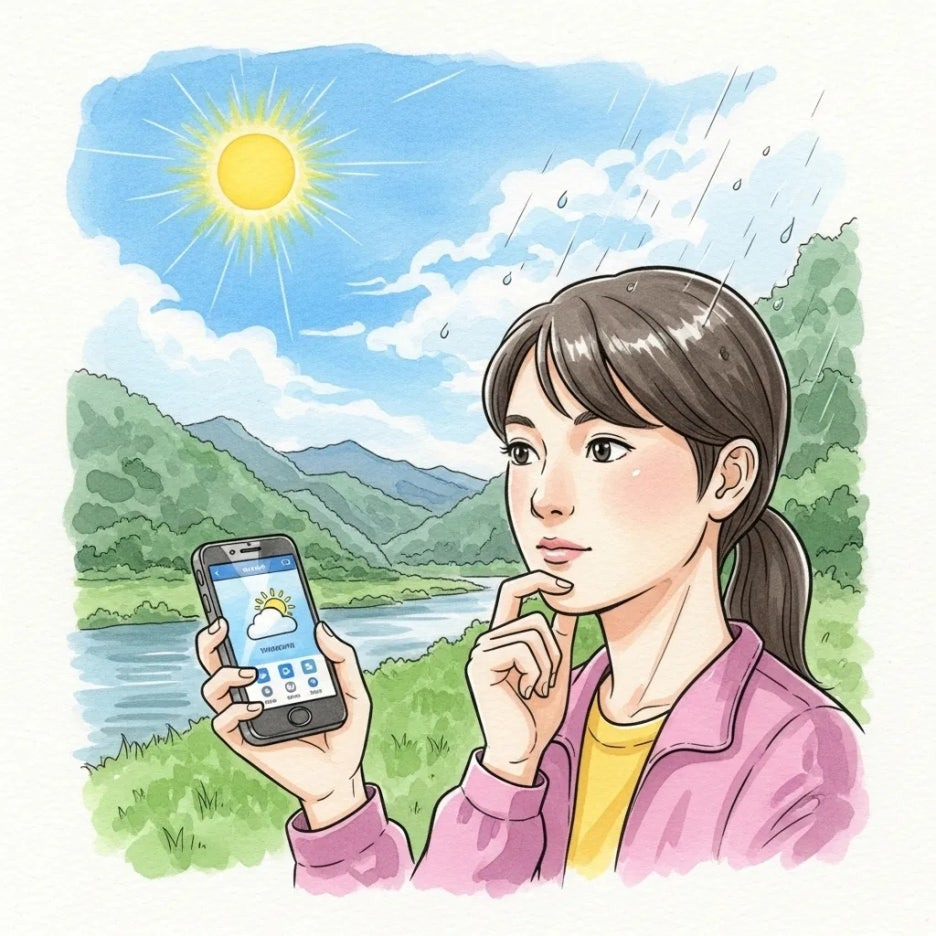 영월 여행 전 스마트폰으로 날씨를 확인하는 모습