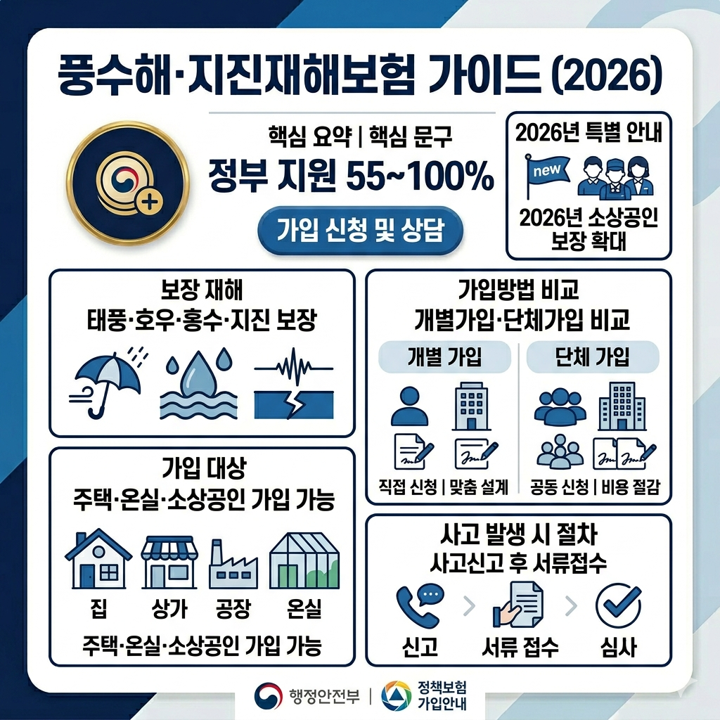 풍수해지진보험 가입 방법, 풍수해&middot;지진재해보험 지원대상&middot;보험료&middot;청구절차 인포그래픽